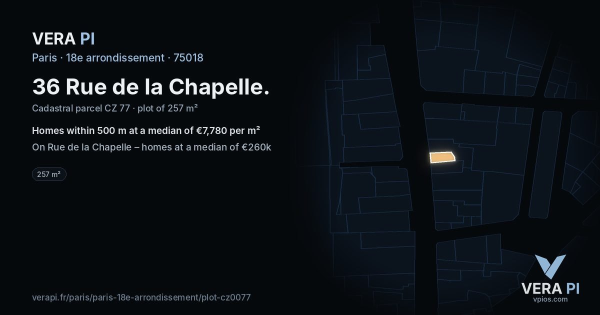36 Rue de la Chapelle, 18e arrondissement at night – the plot lit, the parcels around coloured by the prices near them