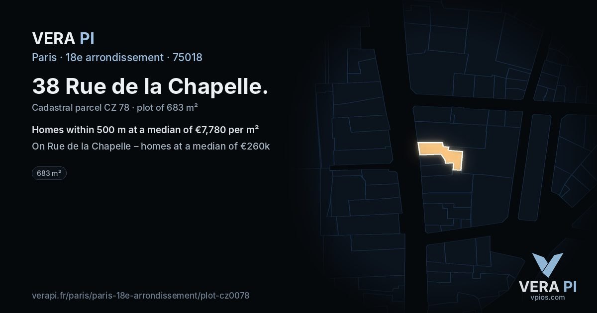 38 Rue de la Chapelle, 18e arrondissement at night – the plot lit, the parcels around coloured by the prices near them