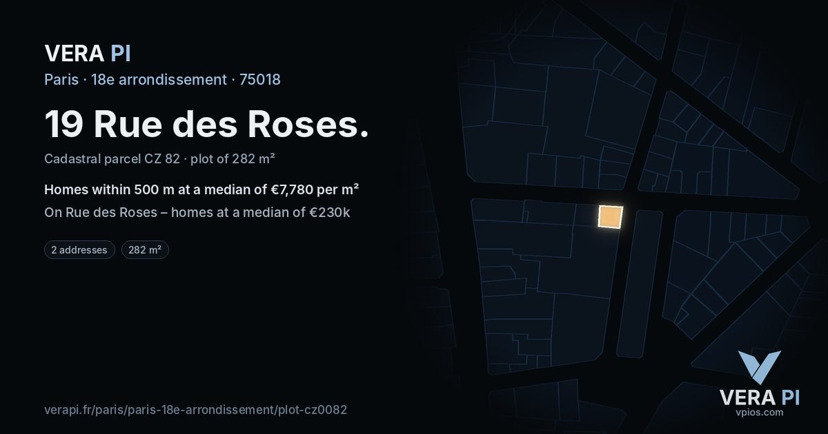 19 Rue des Roses, 18e arrondissement at night – the plot lit, the parcels around coloured by the prices near them