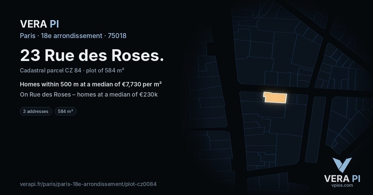 23 Rue des Roses, 18e arrondissement at night – the plot lit, the parcels around coloured by the prices near them