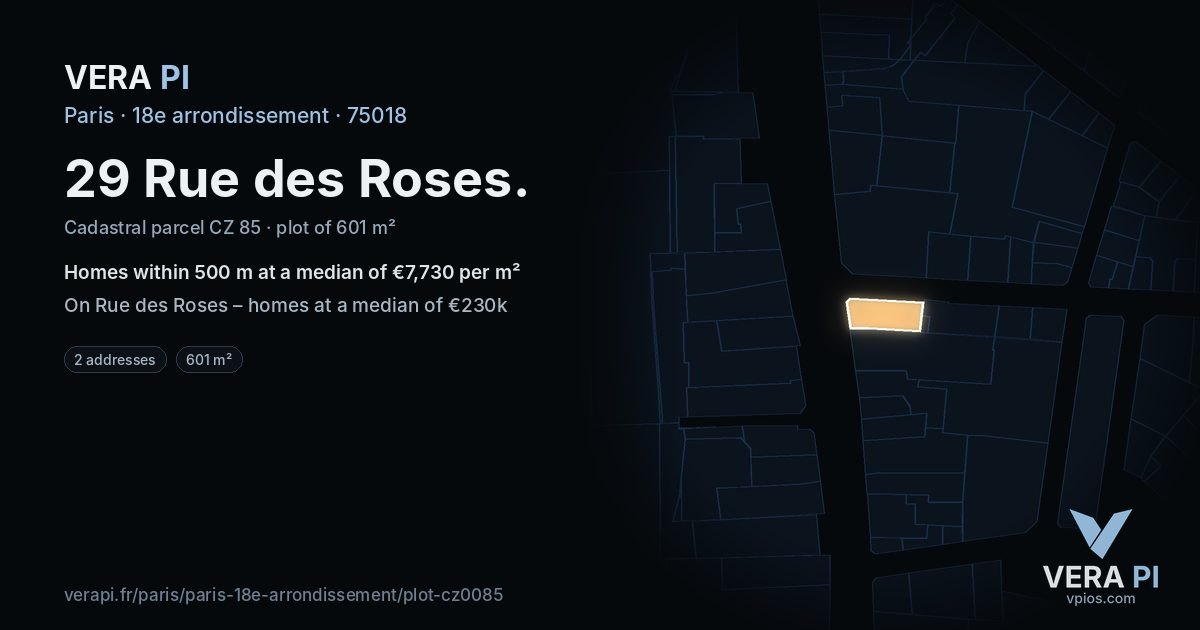 29 Rue des Roses, 18e arrondissement at night – the plot lit, the parcels around coloured by the prices near them