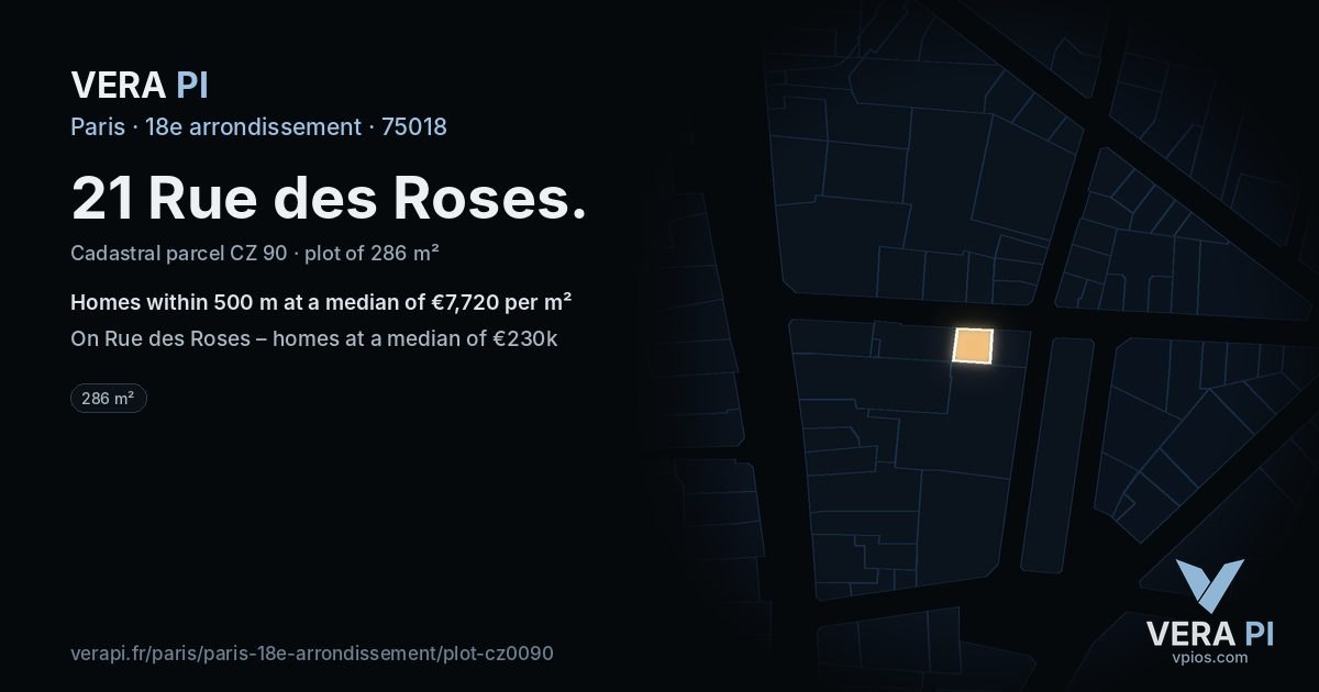 21 Rue des Roses, 18e arrondissement at night – the plot lit, the parcels around coloured by the prices near them