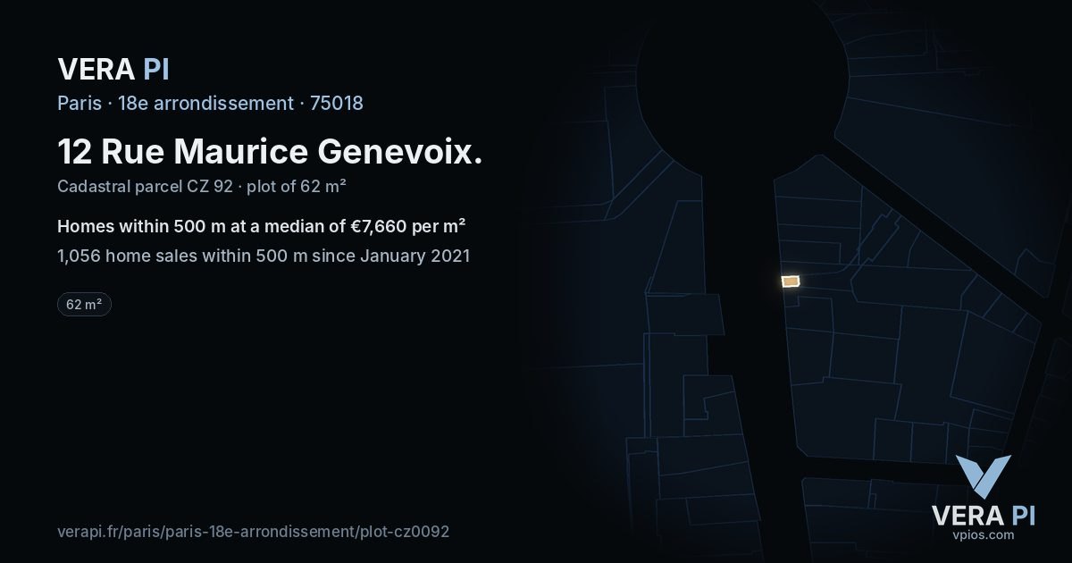 12 Rue Maurice Genevoix, 18e arrondissement at night – the plot lit, the parcels around coloured by the prices near them