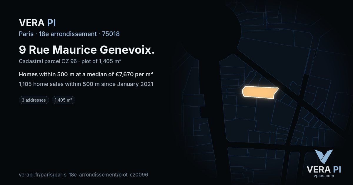 9 Rue Maurice Genevoix, 18e arrondissement at night – the plot lit, the parcels around coloured by the prices near them
