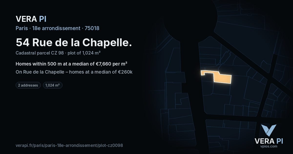 54 Rue de la Chapelle, 18e arrondissement at night – the plot lit, the parcels around coloured by the prices near them