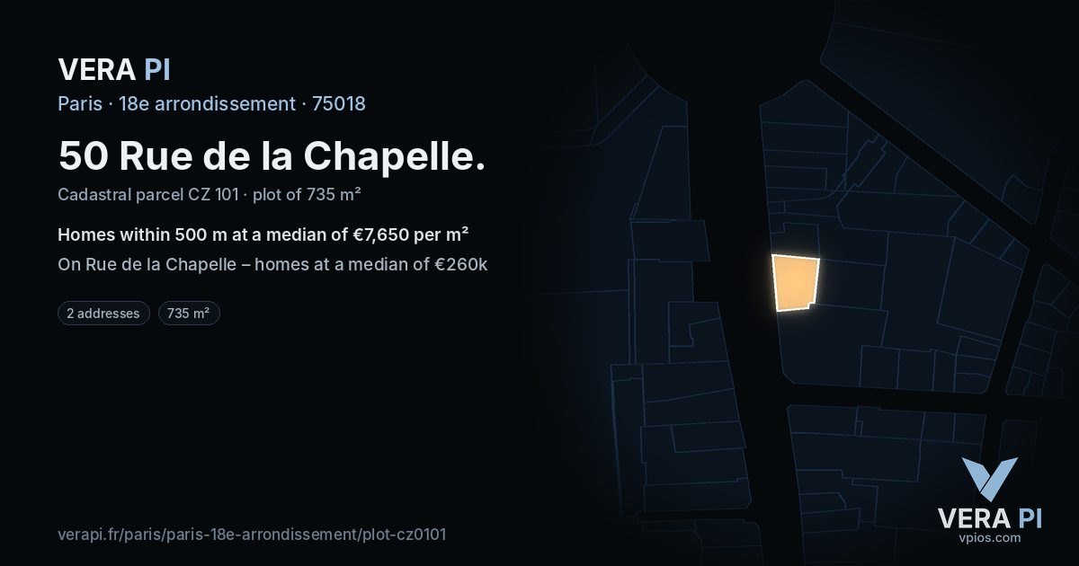 50 Rue de la Chapelle, 18e arrondissement at night – the plot lit, the parcels around coloured by the prices near them