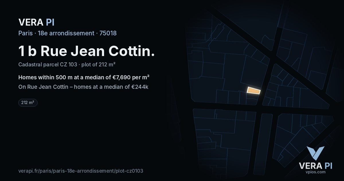 1 b Rue Jean Cottin, 18e arrondissement at night – the plot lit, the parcels around coloured by the prices near them