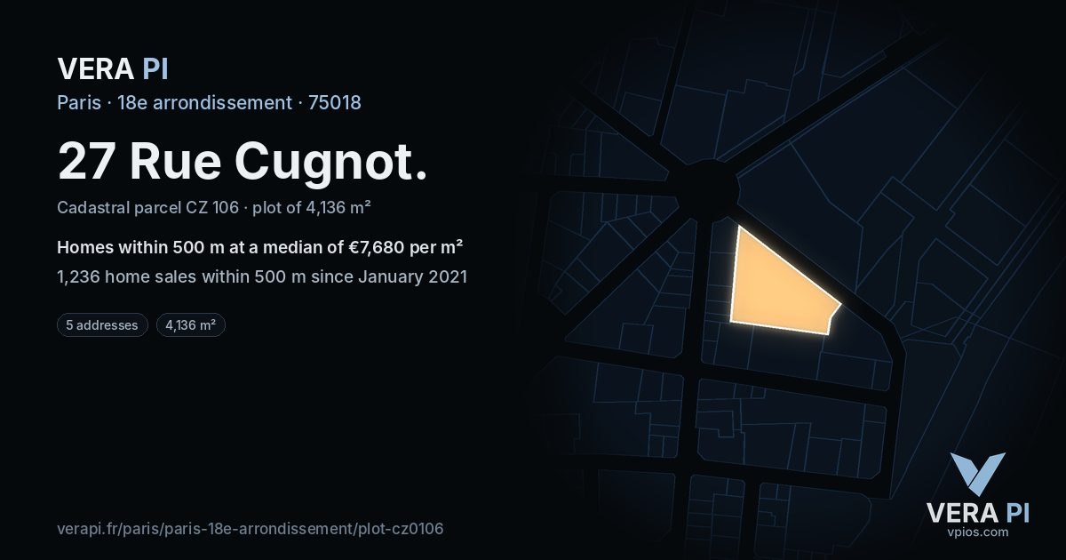 27 Rue Cugnot, 18e arrondissement at night – the plot lit, the parcels around coloured by the prices near them