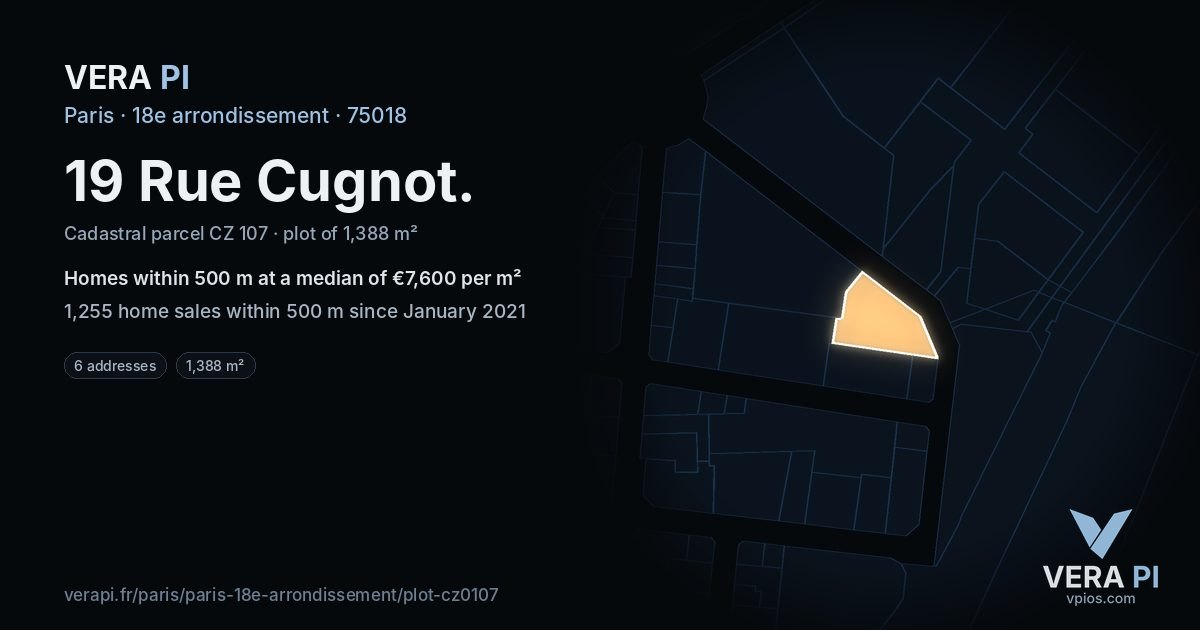 19 Rue Cugnot, 18e arrondissement at night – the plot lit, the parcels around coloured by the prices near them