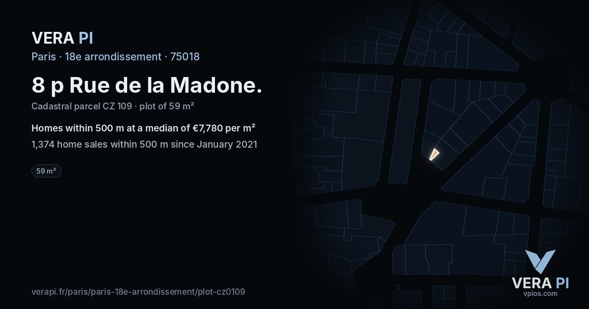 8 p Rue de la Madone, 18e arrondissement at night – the plot lit, the parcels around coloured by the prices near them