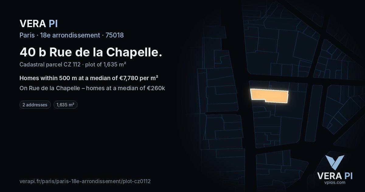 40 b Rue de la Chapelle, 18e arrondissement at night – the plot lit, the parcels around coloured by the prices near them