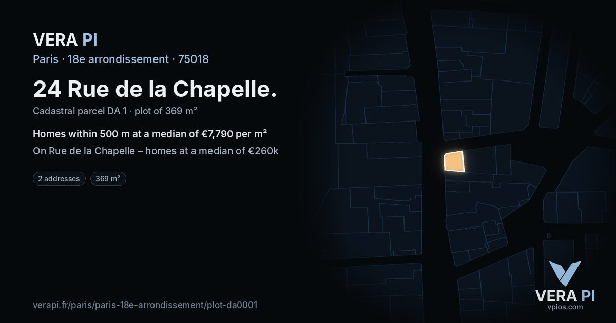 24 Rue de la Chapelle, 18e arrondissement at night – the plot lit, the parcels around coloured by the prices near them