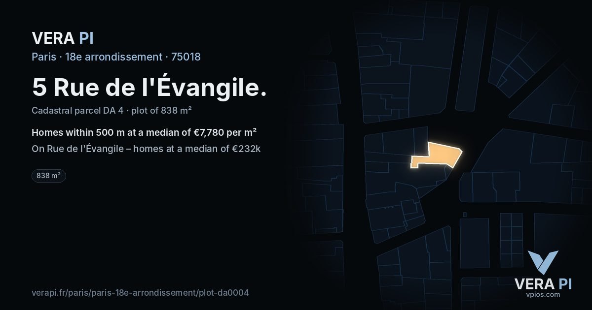 5 Rue de l'Évangile, 18e arrondissement at night – the plot lit, the parcels around coloured by the prices near them