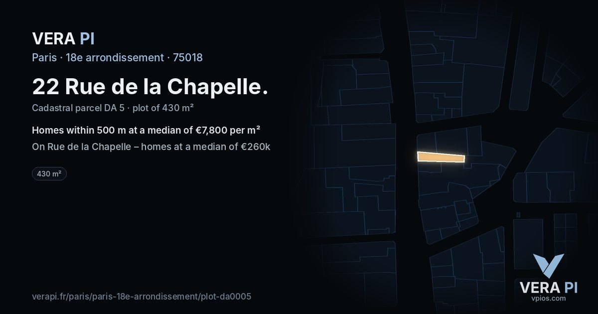22 Rue de la Chapelle, 18e arrondissement at night – the plot lit, the parcels around coloured by the prices near them