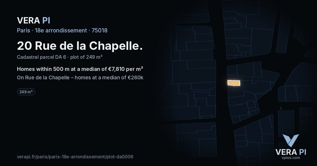 20 Rue de la Chapelle, 18e arrondissement at night – the plot lit, the parcels around coloured by the prices near them