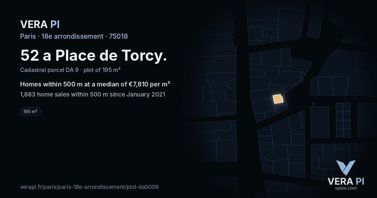 52 a Place de Torcy, 18e arrondissement at night – the plot lit, the parcels around coloured by the prices near them