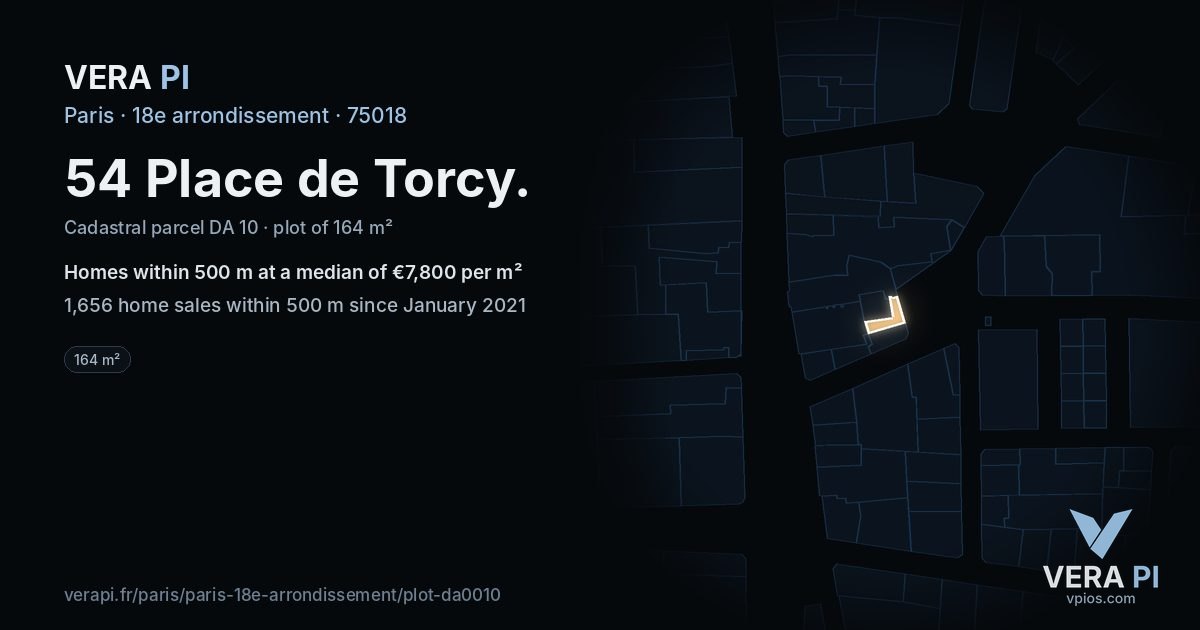 54 Place de Torcy, 18e arrondissement at night – the plot lit, the parcels around coloured by the prices near them
