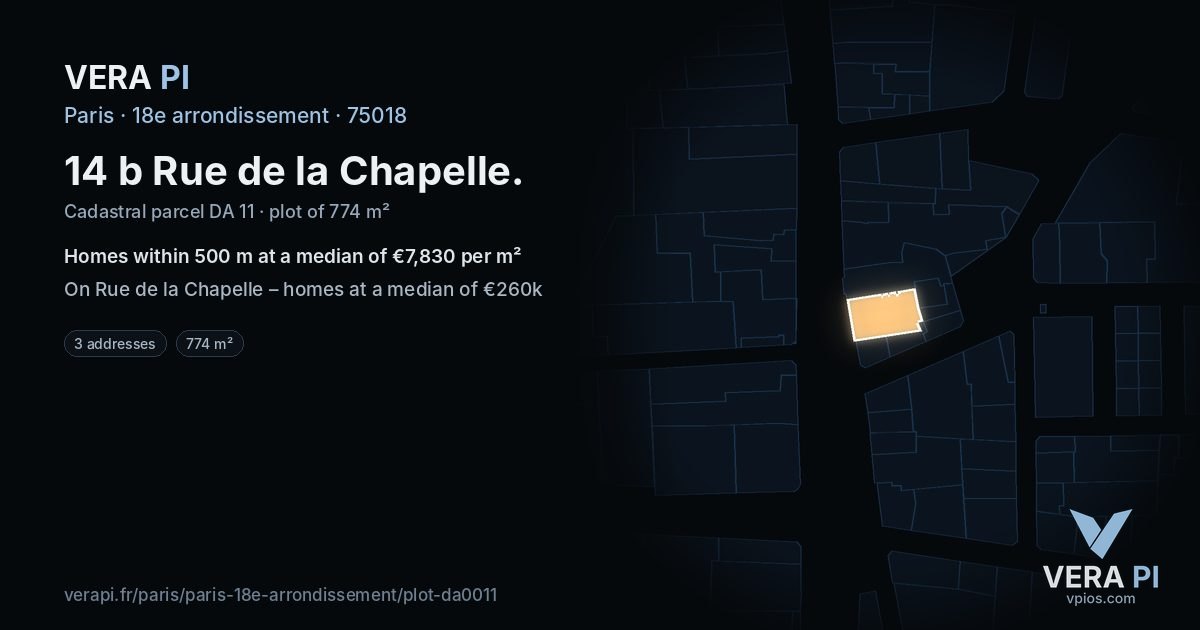 14 b Rue de la Chapelle, 18e arrondissement at night – the plot lit, the parcels around coloured by the prices near them