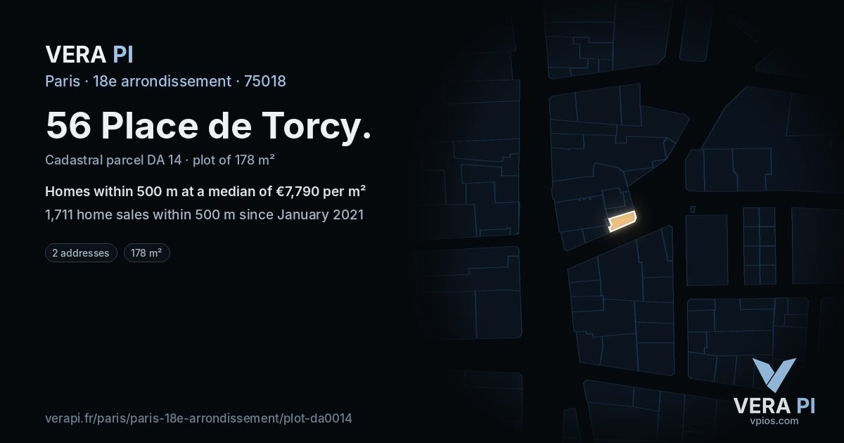 56 Place de Torcy, 18e arrondissement at night – the plot lit, the parcels around coloured by the prices near them