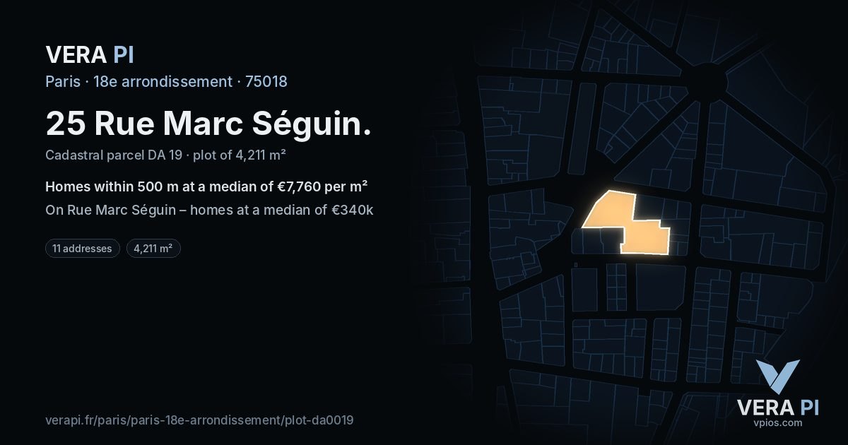 25 Rue Marc Séguin, 18e arrondissement at night – the plot lit, the parcels around coloured by the prices near them