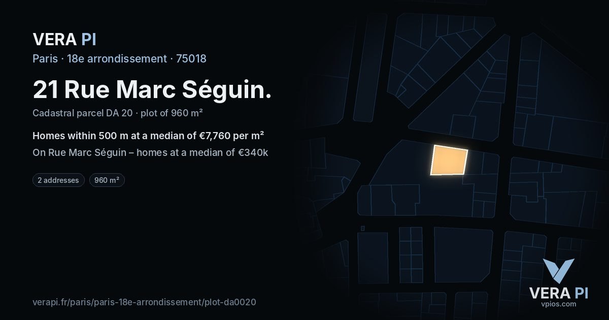 21 Rue Marc Séguin, 18e arrondissement at night – the plot lit, the parcels around coloured by the prices near them