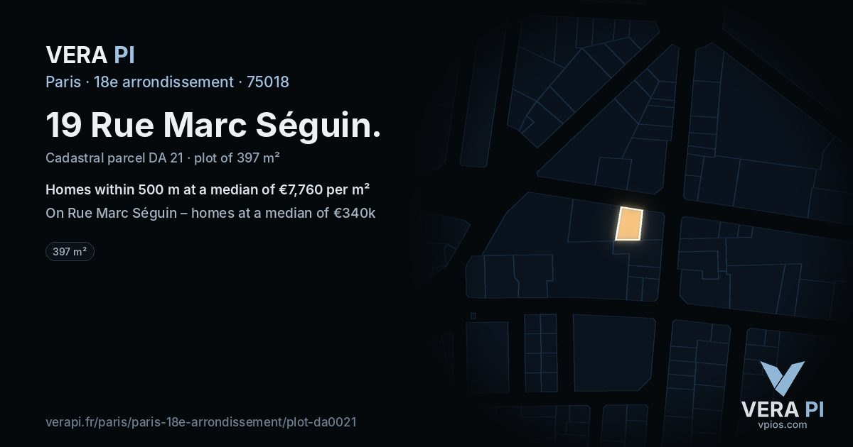19 Rue Marc Séguin, 18e arrondissement at night – the plot lit, the parcels around coloured by the prices near them