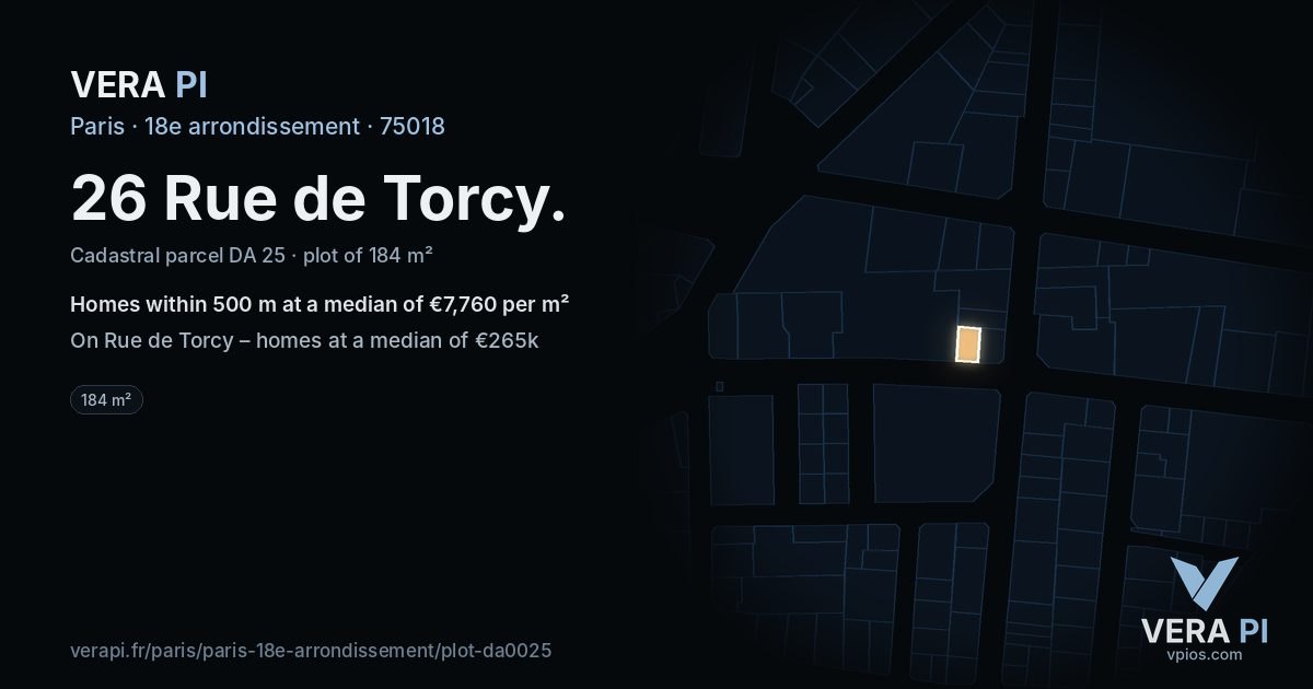 26 Rue de Torcy, 18e arrondissement at night – the plot lit, the parcels around coloured by the prices near them