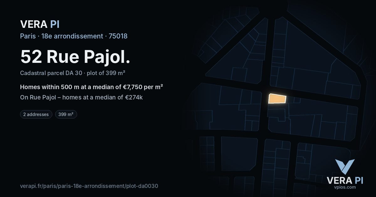 52 Rue Pajol, 18e arrondissement at night – the plot lit, the parcels around coloured by the prices near them