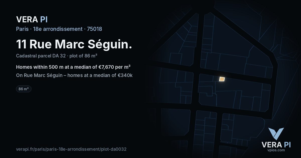 11 Rue Marc Séguin, 18e arrondissement at night – the plot lit, the parcels around coloured by the prices near them