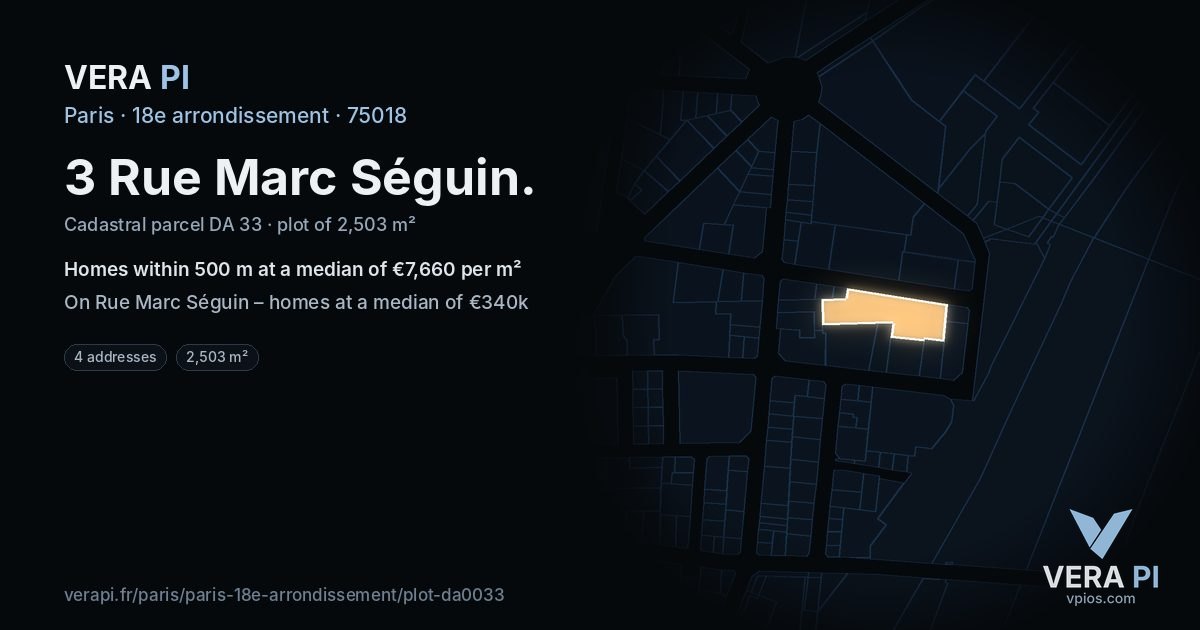 3 Rue Marc Séguin, 18e arrondissement at night – the plot lit, the parcels around coloured by the prices near them