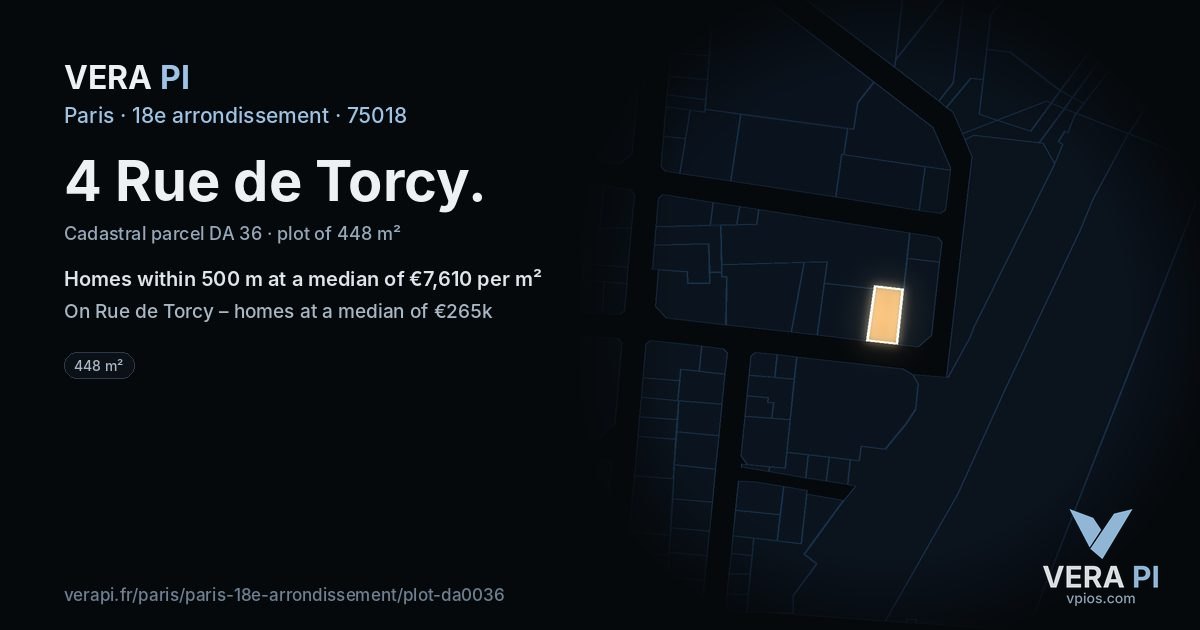 4 Rue de Torcy, 18e arrondissement at night – the plot lit, the parcels around coloured by the prices near them