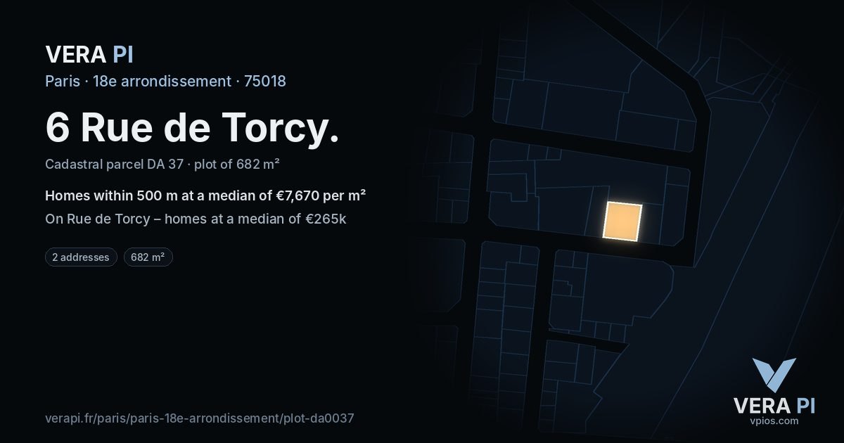 6 Rue de Torcy, 18e arrondissement at night – the plot lit, the parcels around coloured by the prices near them