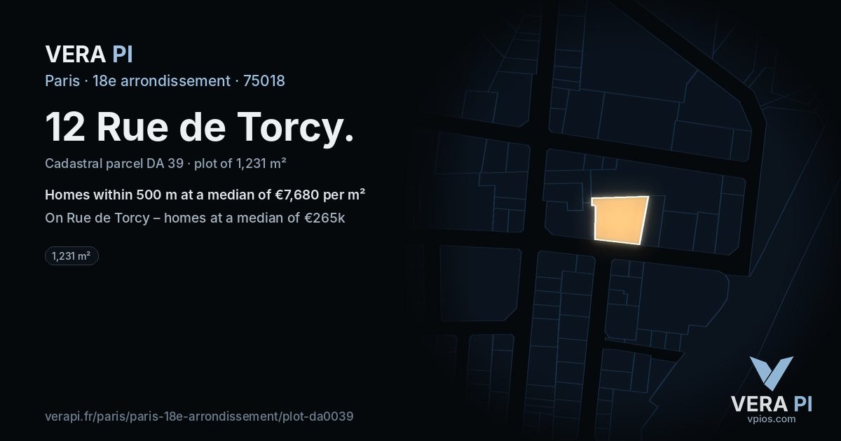 12 Rue de Torcy, 18e arrondissement at night – the plot lit, the parcels around coloured by the prices near them