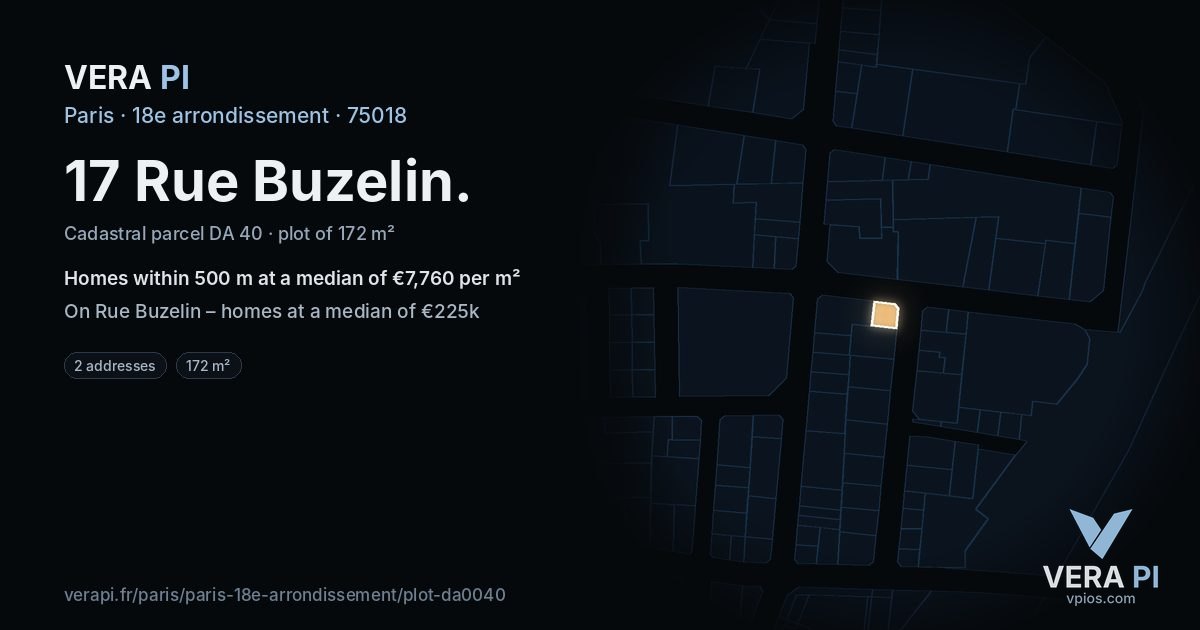 17 Rue Buzelin, 18e arrondissement at night – the plot lit, the parcels around coloured by the prices near them