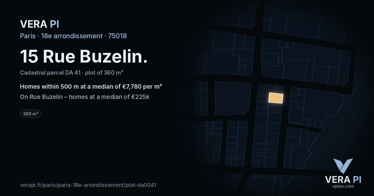 15 Rue Buzelin, 18e arrondissement at night – the plot lit, the parcels around coloured by the prices near them