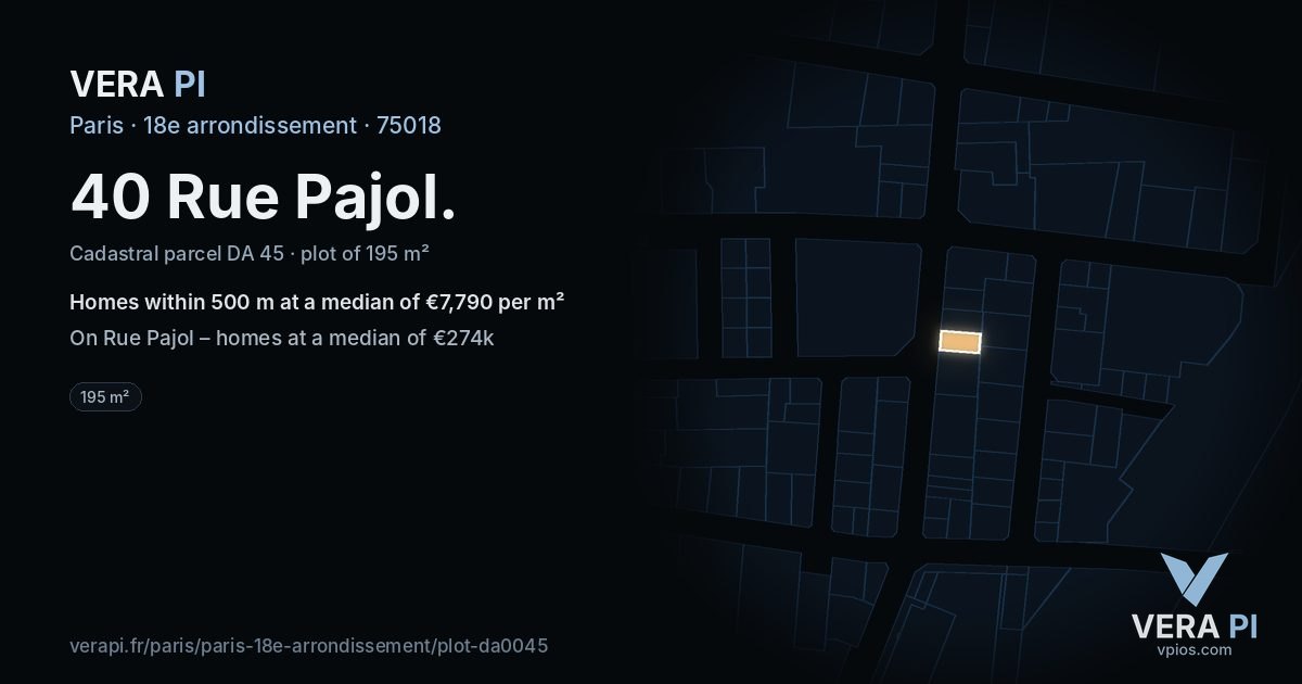40 Rue Pajol, 18e arrondissement at night – the plot lit, the parcels around coloured by the prices near them