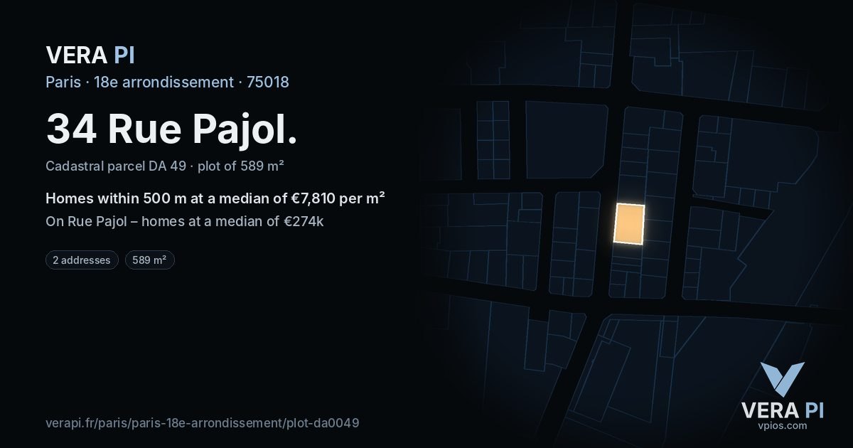 34 Rue Pajol, 18e arrondissement at night – the plot lit, the parcels around coloured by the prices near them