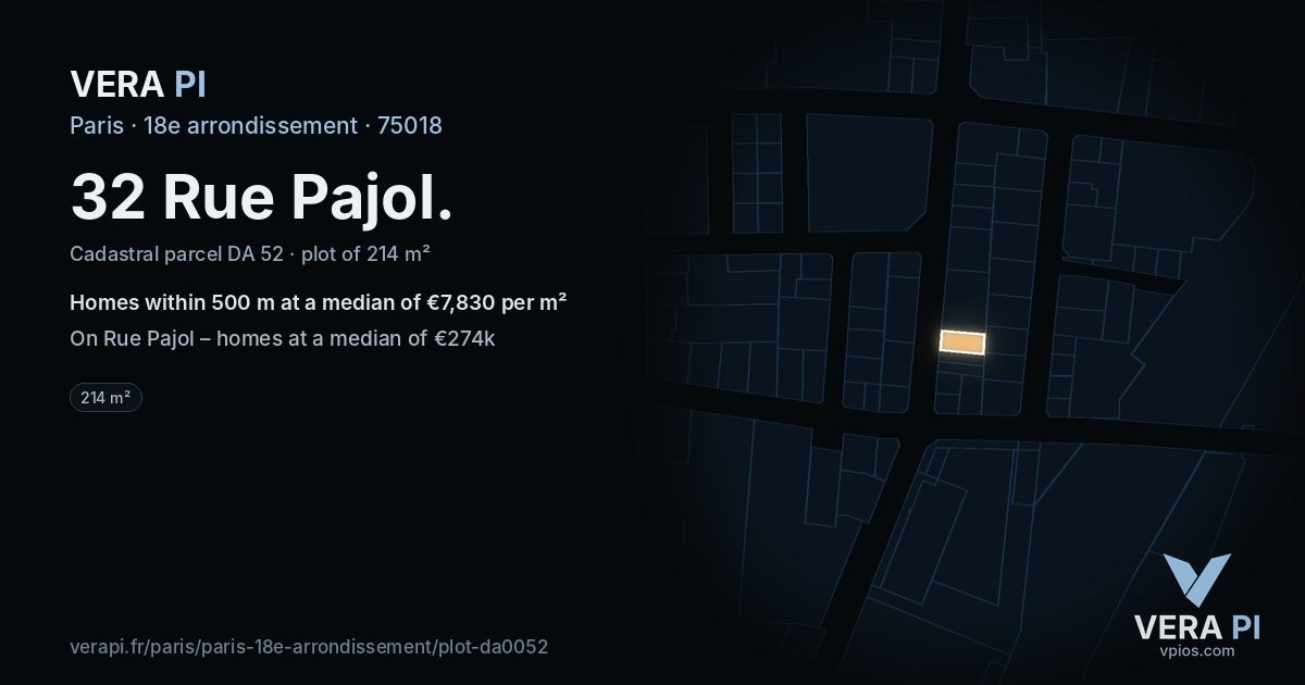 32 Rue Pajol, 18e arrondissement at night – the plot lit, the parcels around coloured by the prices near them