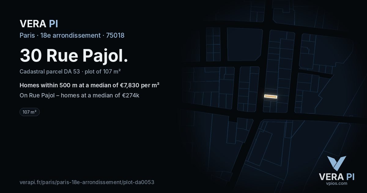 30 Rue Pajol, 18e arrondissement at night – the plot lit, the parcels around coloured by the prices near them