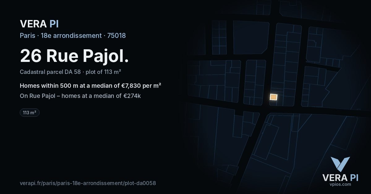 26 Rue Pajol, 18e arrondissement at night – the plot lit, the parcels around coloured by the prices near them