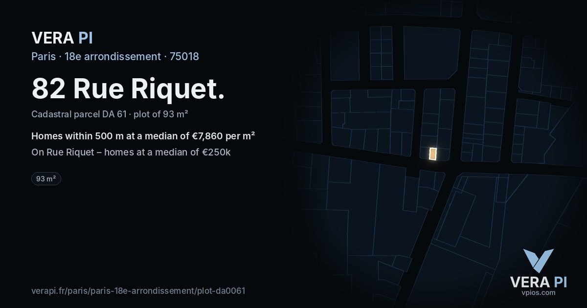 82 Rue Riquet, 18e arrondissement at night – the plot lit, the parcels around coloured by the prices near them