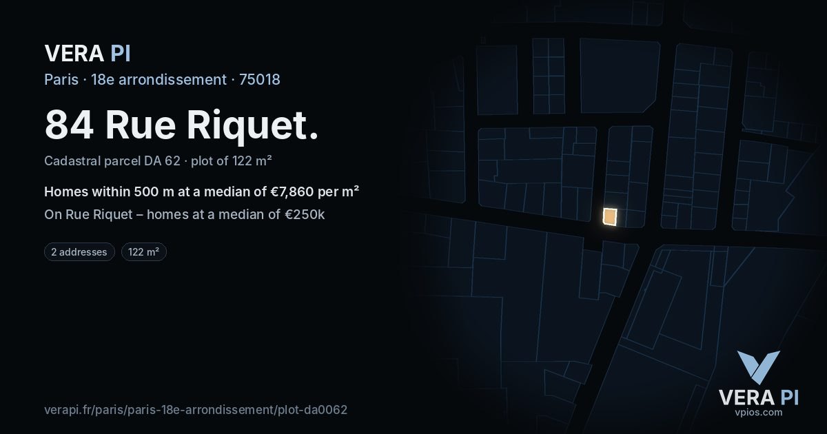 84 Rue Riquet, 18e arrondissement at night – the plot lit, the parcels around coloured by the prices near them