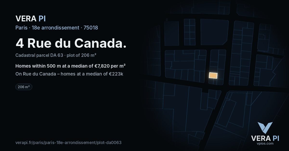 4 Rue du Canada, 18e arrondissement at night – the plot lit, the parcels around coloured by the prices near them