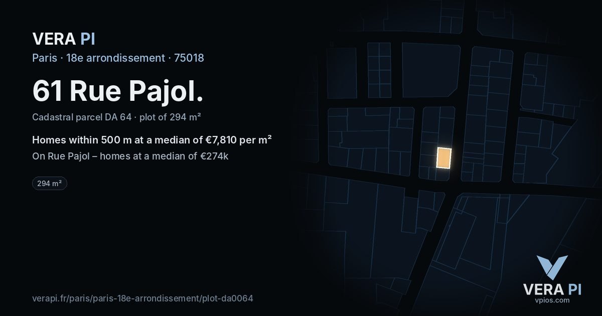 61 Rue Pajol, 18e arrondissement at night – the plot lit, the parcels around coloured by the prices near them