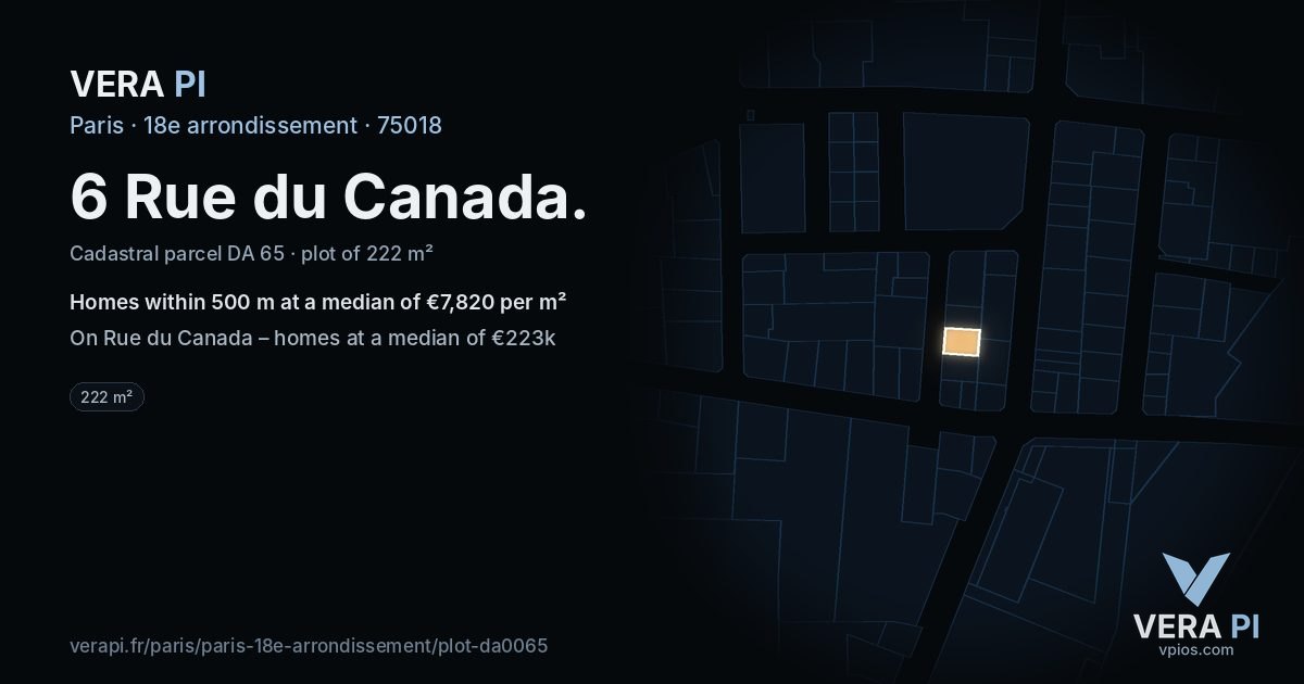 6 Rue du Canada, 18e arrondissement at night – the plot lit, the parcels around coloured by the prices near them