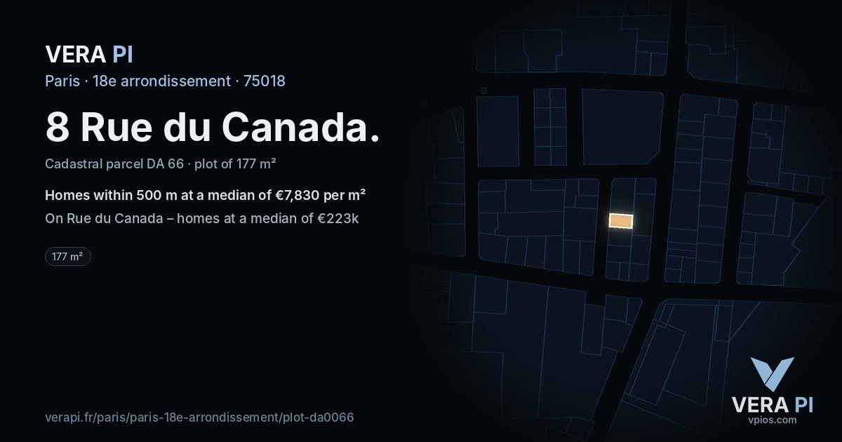 8 Rue du Canada, 18e arrondissement at night – the plot lit, the parcels around coloured by the prices near them