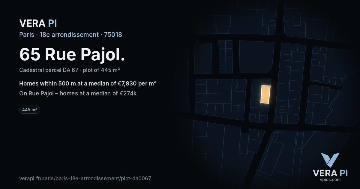 65 Rue Pajol, 18e arrondissement at night – the plot lit, the parcels around coloured by the prices near them