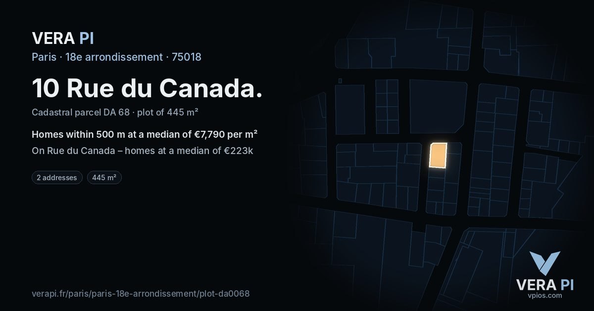 10 Rue du Canada, 18e arrondissement at night – the plot lit, the parcels around coloured by the prices near them