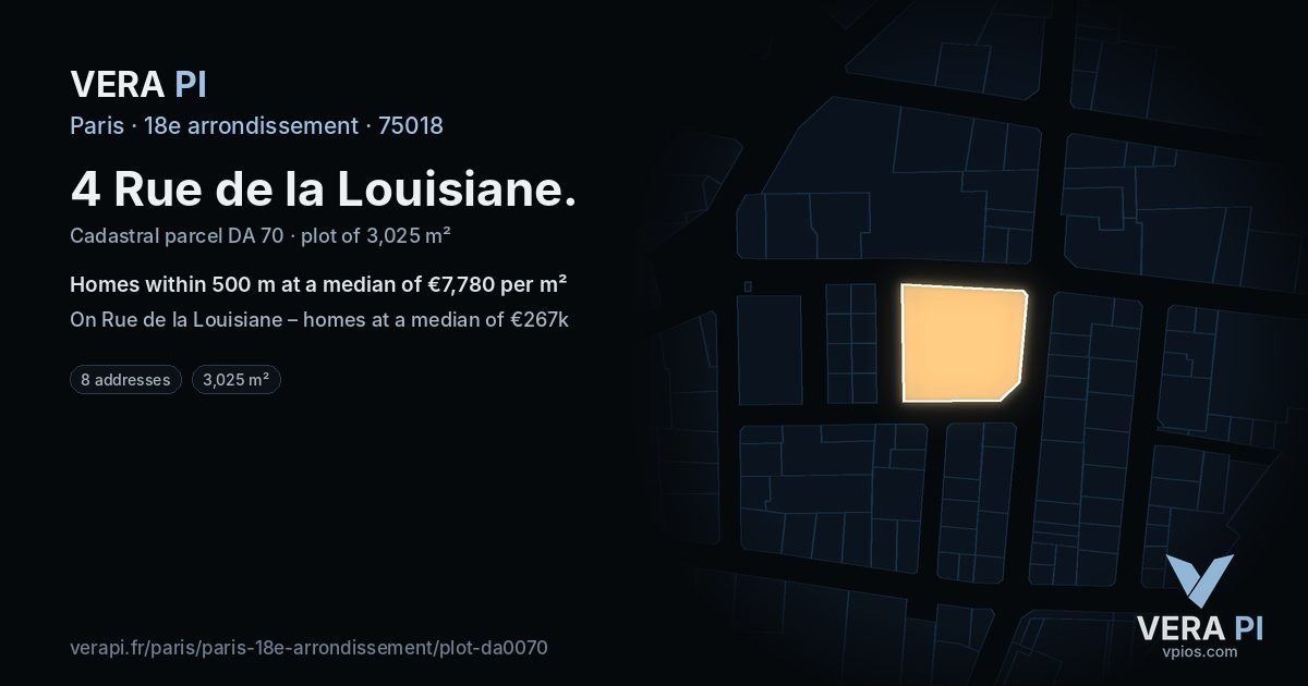 4 Rue de la Louisiane, 18e arrondissement at night – the plot lit, the parcels around coloured by the prices near them
