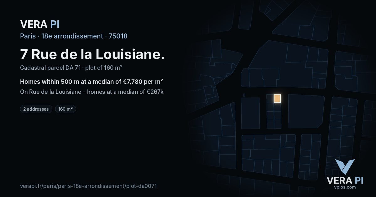 7 Rue de la Louisiane, 18e arrondissement at night – the plot lit, the parcels around coloured by the prices near them